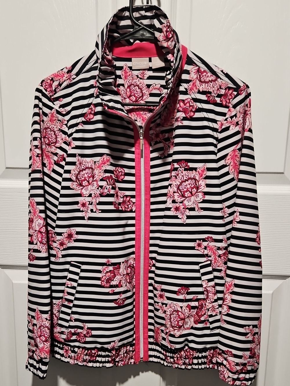 Chico's Black & White Striped Bomber Jacket with Pink Floral Print